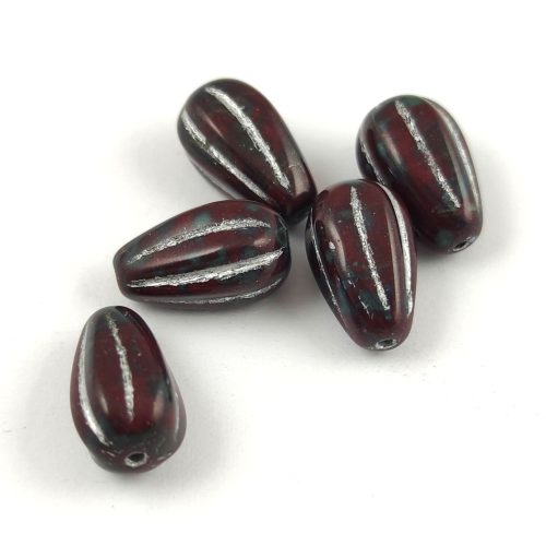 Drop Melon bead - Dark Red Travertine Silver - 13x8mm