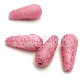   Drop - Czech Pressed Glass Bead - Alabaster  Etched  Metallic Pink - 20x9mm