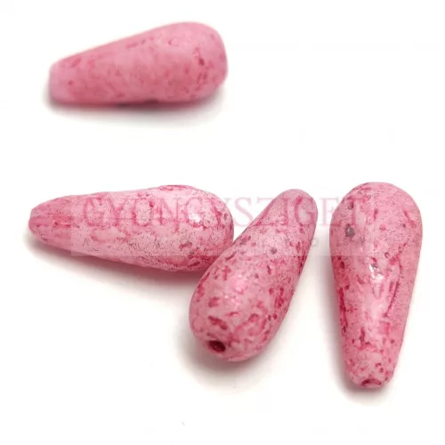 Drop - Czech Pressed Glass Bead - Alabaster  Etched  Metallic Pink - 20x9mm