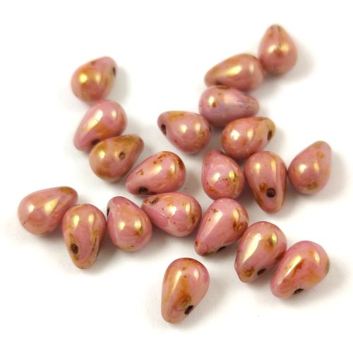 Cseh préselt csepp gyöngy - Alabaster Pink Bronze Luster - 4x6 mm