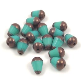   Teardrop - Czech Firepolished Faceted Glass Bead - 8x6mm - Turquoise Green Bronze