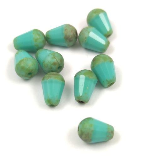 Teardrop - Czech Firepolished Faceted Glass Bead - 8x6mm - Turquoise Green Picasso