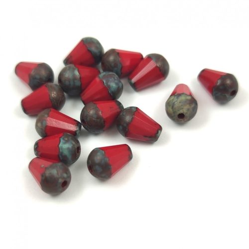 Teardrop - Czech Firepolished Faceted Glass Bead - 8x6mm - Red Picasso