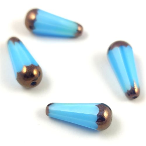 Teardrop - Czech Faceted Glass Bead - 20x9mm - Opal Turquoise Blue Bronze