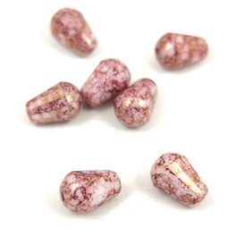   Teardrop - Czech Firepolished Faceted Glass Bead - 8x6mm - Chalk White Pink Bronze Marbel