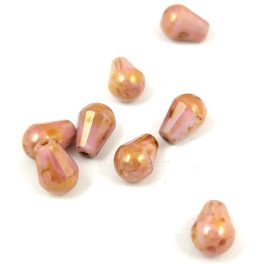  Teardrop - Czech Firepolished Faceted Glass Bead - 8x6mm - Chalk White Pink Brown