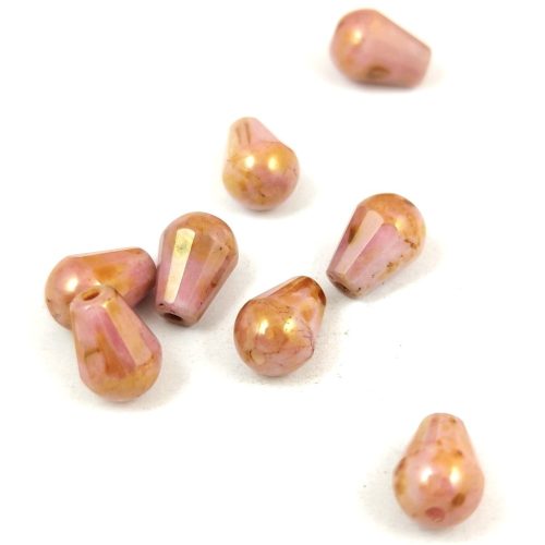 Teardrop - Czech Firepolished Faceted Glass Bead - 8x6mm - Chalk White Pink Brown