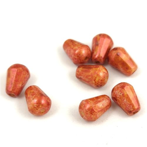 Teardrop - Czech Firepolished Faceted Glass Bead - 8x6mm - Chalk White Copper Luster