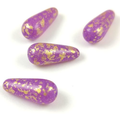 Cseh préselt csepp gyöngy - Crystal Purple Luster Gold Patina - 20x9mm (hosszában fúrt)