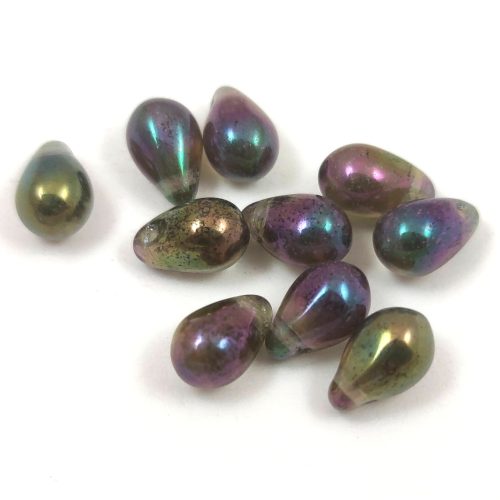 Cseh préselt csepp gyöngy - Black Diamond Purple Iris - 6x9mm (tetején fúrt)