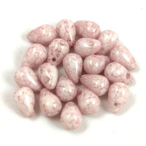 Drop - Czech Pressed Glass Bead - Alabaster Pink Marble - 4x6mm