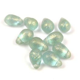 Drop - Czech Pressed Glass Bead - Aqua Etched Gold - 6x9mm