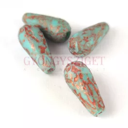  Drop - Czech Pressed Glass Bead - Turquise Blue Etched Copper - 20x9mm