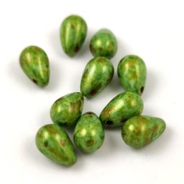   Drop - Czech Pressed Glass Bead - Alabaster Green Brown - 6x9mm