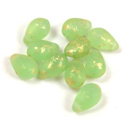   Drop - Czech Pressed Glass Bead - Matt Mint Gold Splash - 6x9mm