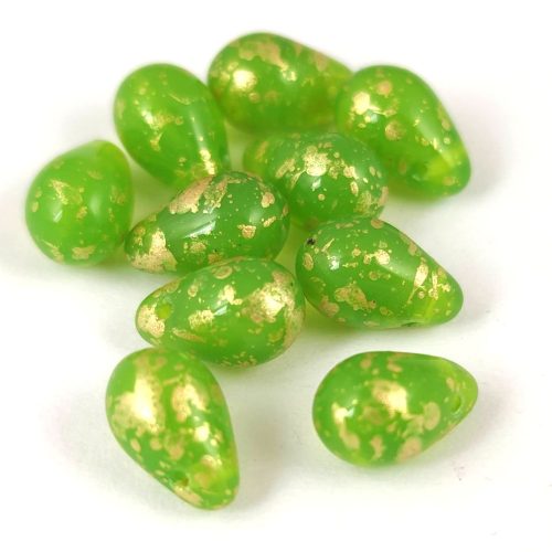 Drop - Czech Pressed Glass Bead - Opal Green Gold Splash - 6x9mm