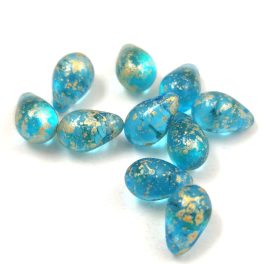 Drop - Czech Pressed Glass Bead - Aqua Gold Patina - 6x9mm