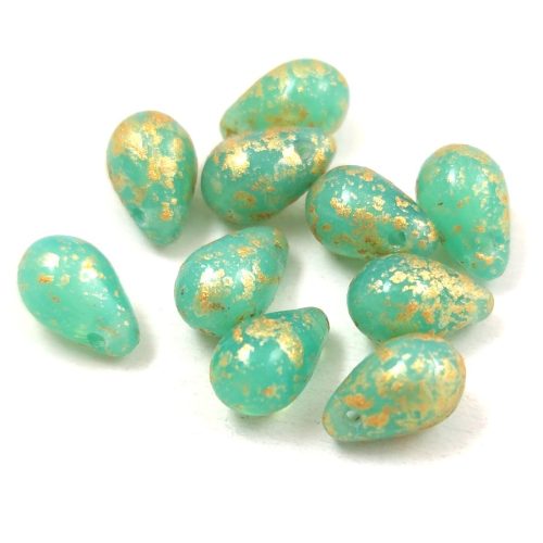 Drop - Czech Pressed Glass Bead - Opal Turquoise Green Gold Patina - 6x9mm