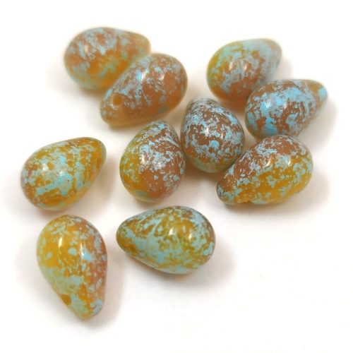 Drop - Czech Pressed Glass Bead - Opal Sunflower Mint Patina - 6x9mm