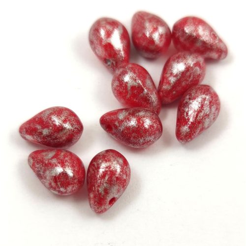 Drop - Czech Pressed Glass Bead - Siam Red Blend Silver - 6x9mm