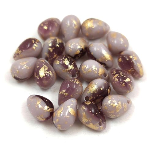 Drop - Czech Pressed Glass Bead - Purple Blend Gold Splash - 4x6mm