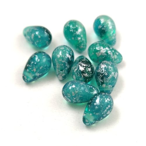 Drop - Czech Pressed Glass Bead - Turquoise Green Blend Silver Patina - 6x9mm