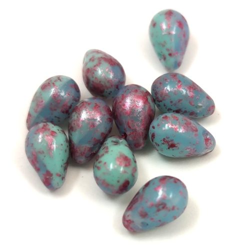 Drop - Czech Pressed Glass Bead - Turquoise Green Violet Patina - 6x9mm