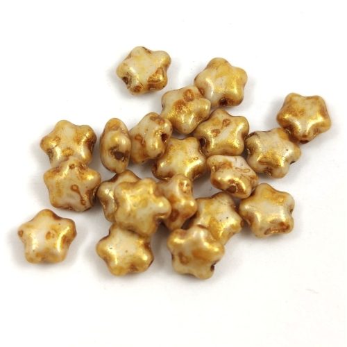 Czech Pressed Star Glass Bead - Alabaster Brown Gold Luster - 6mm