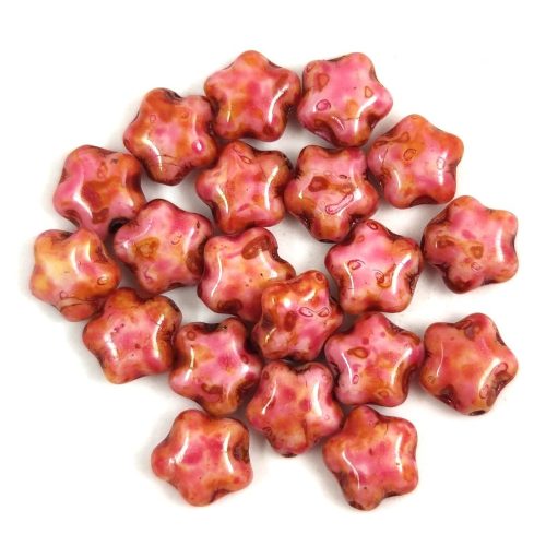 Czech Pressed Star Glass Bead - Alabaster Brown Pink Luster - 6mm