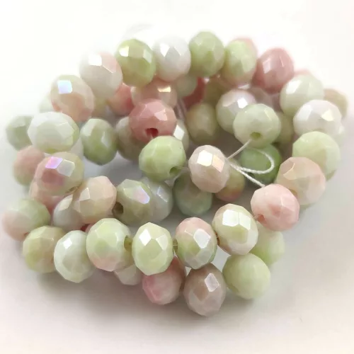 Firepolished donut bead - 6x8mm - Pink Green White Marble - sold on strand