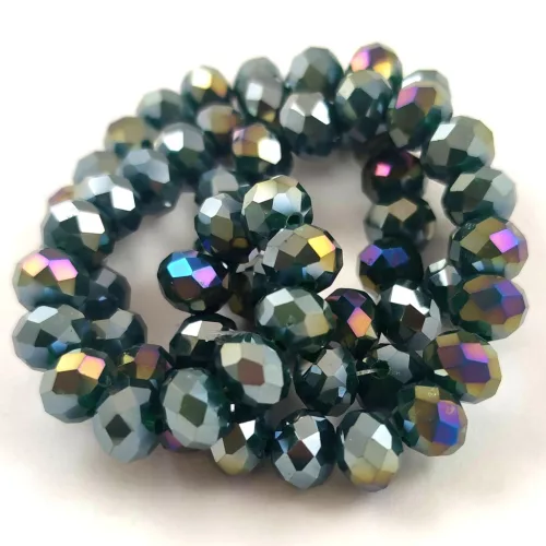 Firepolished donut bead - 6x8mm - Dark Green Iris - sold on strand