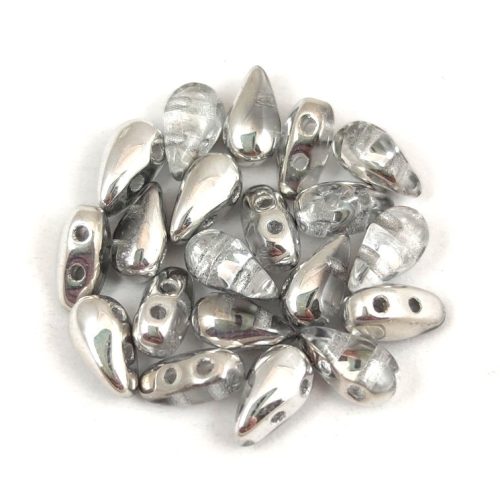 Dropduo - Czech Pressed 2 Hole Bead - Crystal Half Silver - 3x6mm