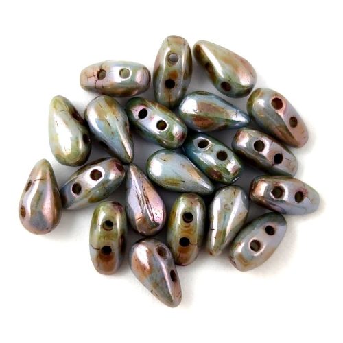 Dropduo - Czech Pressed 2 Hole Bead - White Green Brown Luster - 3x6mm