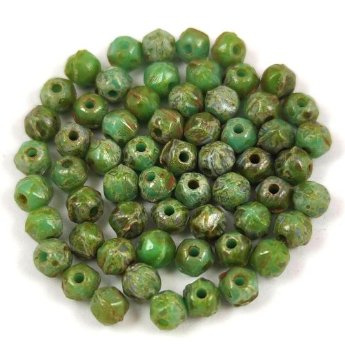 Czech Firepolished Round Glass Bead - English cut - Turquoise Green Picasso - 3.5mm