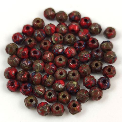 Czech Firepolished Round Glass Bead - English cut - Red Picasso - 3.5mm