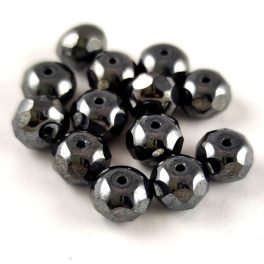   Donut - Czech Firepolished Faceted Bead - Jet Hematit - 6x9mm
