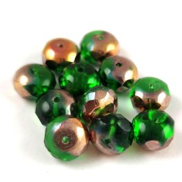   Donut - Czech Firepolished Faceted Bead - Emerald Apollo - 6x9mm