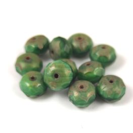   Doughnut - Czech Firepolished Faceted Bead - 6x9mm - palace green opal picasso