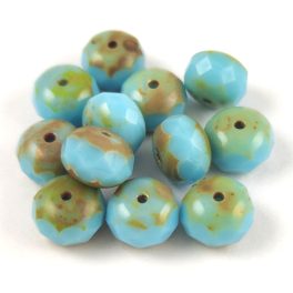   Donut - Czech Firepolished Faceted Bead - Turquoise Blue Picasso - 6x9mm