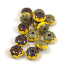   Donut - Czech Firepolished Faceted Bead - Yellow Travertine - 7x4mm