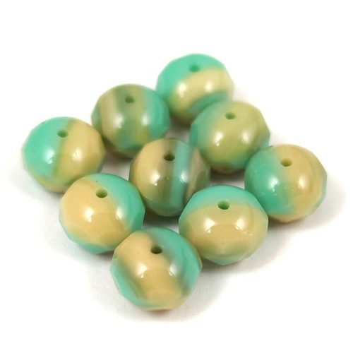 Donut - Czech Firepolished Faceted Bead - 6x9mm - Turquoise Green Beige