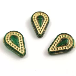   Filigree Tear préselt üveggyöngy - hosszában fúrt - Emerald Gold - 14x10mm