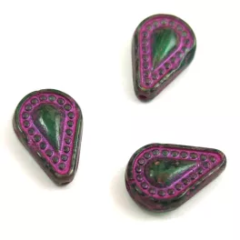   Filigree Tear préselt üveggyöngy - hosszában fúrt - Emerald Travertin Amethyst - 14x10mm