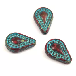   Filigree Tear préselt üveggyöngy - hosszában fúrt - Red Travertin Metallic Turquoise - 14x10mm
