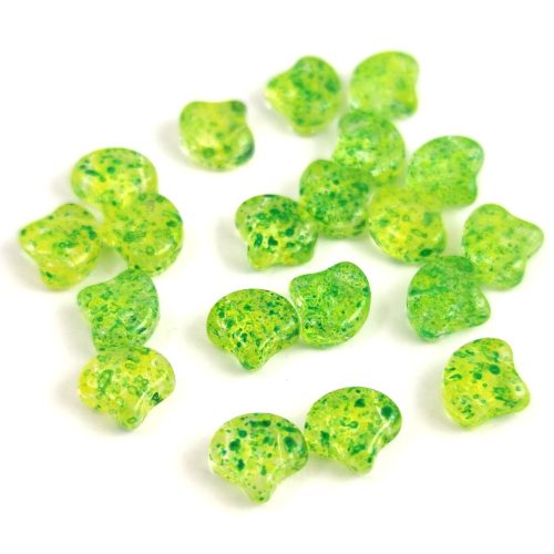 Ginko - Czech Pressed 2 Hole Glass Bead - Confetti Splash Yellow Green - 7.5 x 7.5 mm