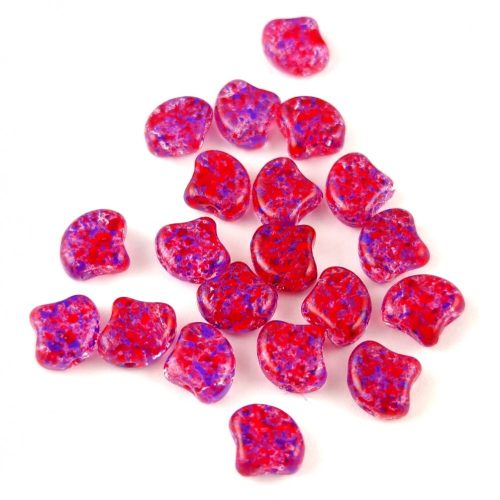 Ginko - Czech Pressed 2 Hole Glass Bead - Confetti Splash Violet Red - 7.5 x 7.5 mm