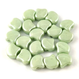   Ginko - cseh préselt kétlyukú gyöngy - White Light Green Luster - 7.5 x 7.5 mm