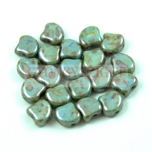 Ginko - Czech Pressed 2 Hole Glass Bead - Opaque White Blue Brown Luster - 7.5 x 7.5 mm