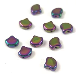  Ginko - cseh préselt kétlyukú gyöngy - Jet Green Purple Iris - 7.5 x 7.5 mm