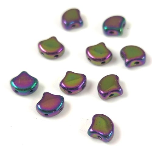 Ginko - cseh préselt kétlyukú gyöngy - Jet Green Purple Iris - 7.5 x 7.5 mm